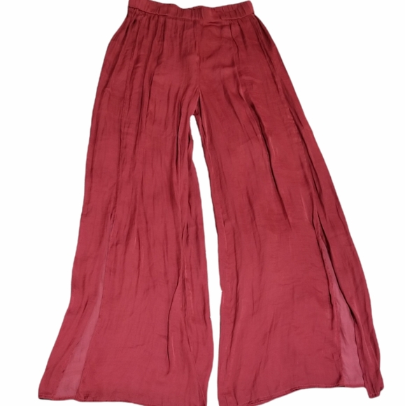 Bershka Burgundy Red Side Slits Wide Leg Pants - Picture 1 of 11